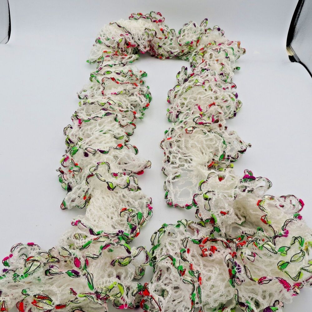 Handmade Lady's White Ruffle w/Green & Red Accents Crochet 66"